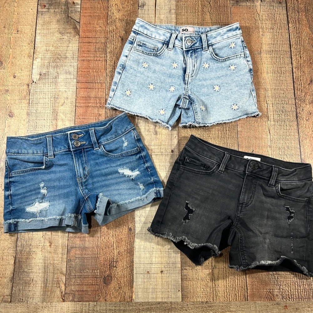 SO Girls Size 10 Denim Shorts Lot 3 Daisy Embroidered Distressed Raw Hem Stretch